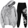 3D-print Retro Dragon Clouds Tracksuits Två Pieces Set Fleece Hooded Oversize Sweatshirt Pant Hoodie Suit Winter Casual Outfits Y0625