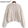 Wesay Jesi Women's Sweater Za Cardigans för kvinnor Strikkad Tjock Lös Lantern Sleeve Pearl Button Short Sweet Lazy Style 211218