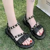 Sandals Women Summer 2021 Trendy Rivet Design Folds Solid Color Flat Heel Comfortable Black Sandy Beach Leisure Woman Shoes