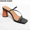 Pantoufles D'été Femmes Élégantes Bande Étroite Diapositives À Talons Hauts Pantoufles Femme Peep Toe Bois Bloc Talon Sandales pour Chaussures De Soirée Pantoufles 220307