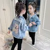 3-12Y Tonåringar Tjejer Denim Fur Jacka för barnhöst vinterkläder Kids Plus Velvet tjockna tecknade toppar Outwear Coat 211204