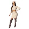 Women 2 Piece Set Dress Designer Sexy High Collar Long Sleeve Top Bandage Hollow Knee Skirt Ladies Fashion Solid Dresses Outfits 2022 New