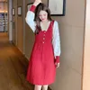 Woman Elegant Autumn Spring Red Sweater Dresses Lace Patchwork Long Sleeve A-Line Knit Vestido Da Festa 210520