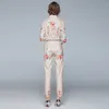 Элегантная печать женский костюм рубашка + карманные прямые брюки костюм два частей набор женщин с длинным рукавом цветок печать блузка топ брючный костюм 210514