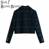 SheBlingBling Za Women's Two Piece Blazers Suits Plaid Cropped Jackets Set Female Coats Vintage Slim Outwear Crop Top Workwear 211019