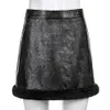 Vintage Black Pu Faux Skórzany Spódnica Dla Kobiet Zima Elegancka Gruba Ciepła Higa Talia Furry Spódnica Casual Wild Short Mini Spódnica 210619