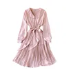 Women Fashion Retro A-line Dress Baby Collar Long Sleeve Pleated Beads Vintage Party Clothes Vestidos R336 210527