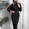 Beavant Elegant Solid Long Dress Women Casual High Midist Office Dresses Autumn Single Breasted Belt Batwing Sleeve Female Dress 210709