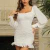 DEAT femmes blanc plis fermeture éclair bureau dame haute robe nouveau col carré longue lanterne manches mince mode marée été 7E0381 210428