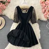 Neploe Korean Vintage Women Black Dress Square Collar Puff Short Sleeve Gauze Patchwork Vestidos Slim Backless Lace-up Dresses 210422