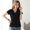 Wwenn Kobiety Koszulka Krótki Rękaw Kieszonkowy V-Neck Bawełna Plus Size Summer T Shirt Kobieta Moda Top Tee Biały Różowy Purpurowy 210507