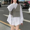 Koreanska våren två bitar set kvinnor solid vit långärmad tröja + ärmlös svart kort väst kostym feeme 2pcs sets 210601
