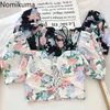 Nomikuma Vintage Short Blouse Floral Printed Square Collar Puff Sleeve Shirts Women Drawstring Lace Up Stretch Tops Blusas Mujer 210514