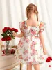 Girls Floral Print Puff Sleeve Organza Dress SHE