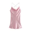 VuWyv Pink Satin Cienkie paski Sukienka Kobiety Suma Sexy Backless Slip Party Kobieta Eleganckie Suknie Klub Krótki Vestidos 210430