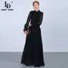 LD Linda della Fashion Runway Maxi Dresses Långärmad Snörning Patchwork Ruffles Vintage Black Elegant Party 210623