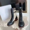 Beige Midcalf Ankle Biker Boots for Luxury Designers Shoes Block Low Heel LaceUp Booties Quest Leather Embroidered Logo CH4430991