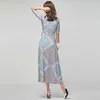 Elegancki Drukuj Robe Sukienka Koreański Lato Lato Krótki Rękaw V Neck Cabaret Party Maxi Dresses dla kobiet 210602