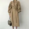 Automne Oversize Femme Casual Long Trench-Coat Style Coréen Vintage Lanterne Manches Outwear Élégant Taille Bandage Coupe-Vent 210514