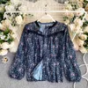 Floral Chiffon Blouse Kvinnor Snörning Sida Rund Neck Foreign Style Bubble Sleeve Loose Shirt Bottoming UK146 210507