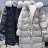 Fashion Horn Button Vinter Vit Duck Down Jacket Kvinnor Solid Casual Long Hooded Fur Collar Coat 210520
