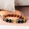 Hebras de cuentas Bonita pulsera de aleación con mancuernas de madera natural, Pulseras de cuentas de piedra negra para mujeres y hombres, joyería con barra dorada para Fitness, Pulseras Ken