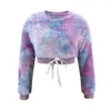 Winter Tie Dye Star Print Plush Women 2 Pieces Set Casual Long Sleeve O Neck Bow Crop Top+High Waist Shorts Ladies Furry Outfits 210526