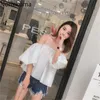 Nomikuma Slash Kragen Puff Sleeve Rosa Shirts Frauen Einfarbig Mode Crop Tops Strand Stil Koreanische Sommer Bluse 3a582 210514