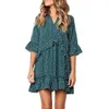 Green Ruffle Wave Point Mini Dress Flare Mezza manica Allentato dritto Vintage Donna Abiti estivi Scollo a V Giallo Abiti Femme 210507