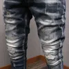 Mode Streetwear Men Jeans Slim Fit Elastic Destroyed Ripped Denim Trousers Målad Spliced ​​Designer Hip Hop Punk Biker Pants 220115