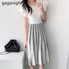 Elegant Women Maxi Knitted Patchwork Dress Short Sleeve Summer Lady Chic Japanese Dresses Striped Ruffles Vestidos 210601