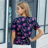 Blusas Mujer de Moda Summer Blouse女性プリント半袖トップスエレガントなオフィスの女性Vネックシャツ巾着トップ9848 210506