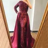 Overskits Elegant Maroon Dresses 0ne Shoulders Long Sleeves Lace Formal Evening Gowns Mermaid Sweep Train Arabic Prom Dress 2018