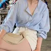 Yitimuceng Striped T Shirts Kvinna Oversize Plus Size Button Up Tops Koreanska Fashion Blouse Långärmad Blå Vår Sommar 210601