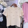 松川短いスリムパールボウの女性TシャツボトムリングOネックTシャツ女性イネス甘い半袖Tシャツトップ210513