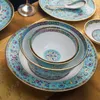 Luxe Imperial Household Cloisonne Bone China servies sets Porselein 86 PCS Woonkamer Home Decors Lichtblauw klassieke diner sets met gouden rand