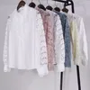 Blusas femininas sexy rendas patchwork ocas manga longa com decote em malha design tops 2022 primavera outono vintage camisas de botão