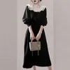 Women Spring Autunm Dresses Ladies Long Sleeve Vintage High Waist Mid-Length Black Vestidos 210520