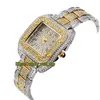 MISSFOX 2021 Eternity V287 Freizeit Mode Damenuhren Gold CZ Diamanten Inlay Zifferblatt Quarzwerk Damenuhr Legierungsgehäuse Halbdiamant Zweifarbiges Armband