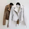 Ftlzz Spring Autumn Women Faux Leather Jacket Slim Streetwear Khaki Coat Biker Moto with Belt Female Outerwear