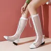 Bottes BLXQPYT Super taille 34-50 femmes genou talons hauts fermeture éclair Sexy maille été Cool respirant chaussures sandales 16-1