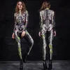 Halloween kostuum 3D-print lange mouw jumpsuit vrouwen masquerade dans horror skull print lange bodycon bodysuit sexy romper dame 210507