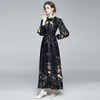 Llzacoosh piste automne vintage paon noir print floral robe maxi robe femmes lanterne manches à lacets de lacet o-cou boho robe longue mince 210514