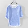 Sommar bomullslinne Patchwork T Shirt för män Bröst Liten Whale Broderi Fashion Short Sleeve Tshirt Loose Teetops 210716