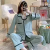 Conjunto de pijamas de algodón empalmado de encaje de primavera para mujer Ropa de dormir Camisas de manga larga y pantalones Cintura elástica Loungewear 210421