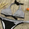 마이크로 스트라이프 비키니 세트 2 피스 수영복 패치 워크 붕대 섹시한 수영복 여성 수영복 Biquini S 210630