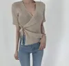 Mode Femmes Tops Summer Design Sensuel Little Sexy V-Col V-Col Cross Tie Top en tricot 210520