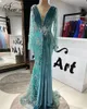 Feestjurken blauw fluwelen kralen prom luxe formele diepe v-hals zeemeermin vrouwen jurken Midden-Oosten Dubai jurk 2021 avondkleding