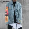 Gonthwid van gogh målning patchwork broderi denim jackor hip hop casual lösa jean jackor streetwear mode outwear coats 210923