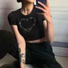 Coração Diamante Padrão Y2K Crop Tops Mulheres Camisetas Bateu Verão Kawaii Vermelho Estética O-pescoço De Manga Curta Preto Camiseta 210510